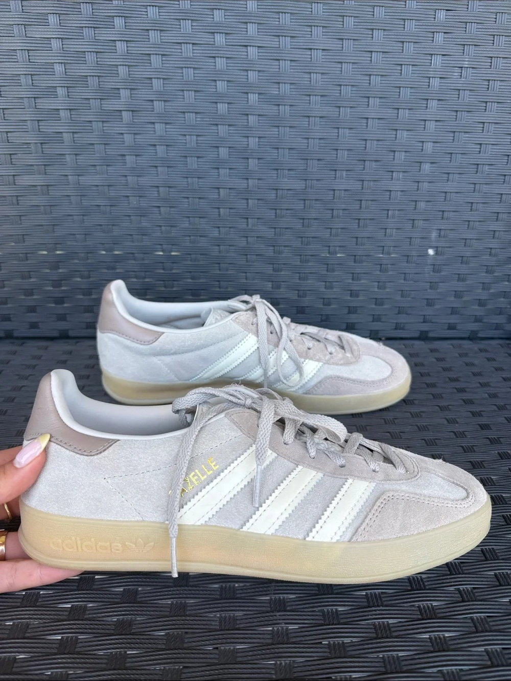 Adidas Gazelle Suede Sneakers in Taupe/Brown, Cream, and Gold